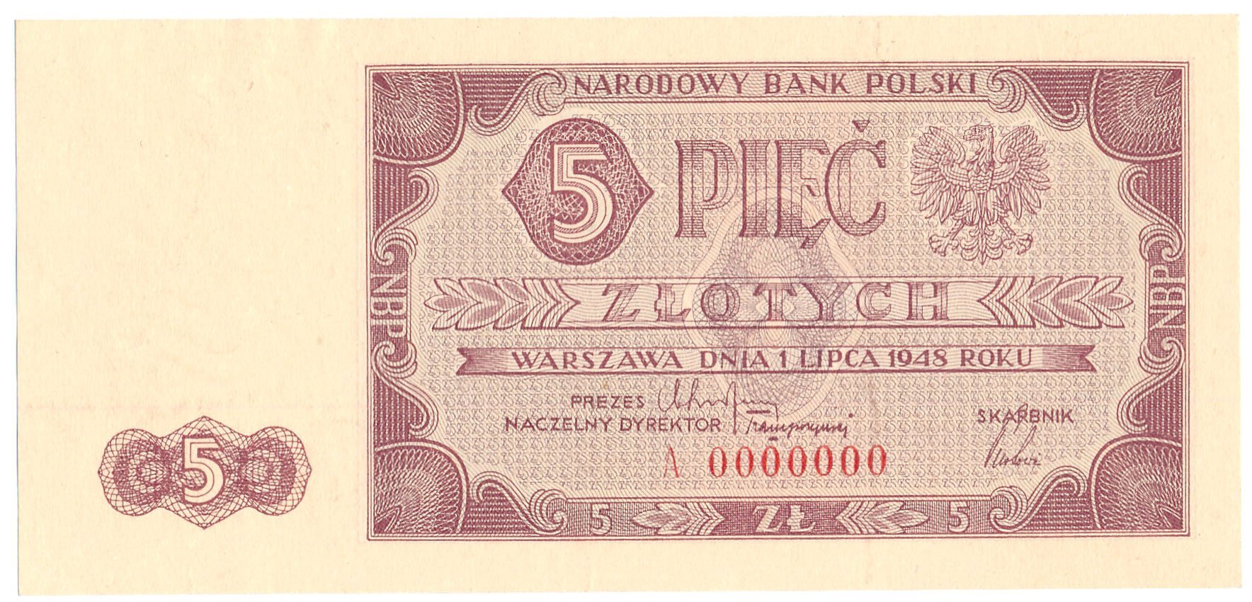Banknot WZÓR 5 złotych 1948 seria A - RZADKOŚĆ R7